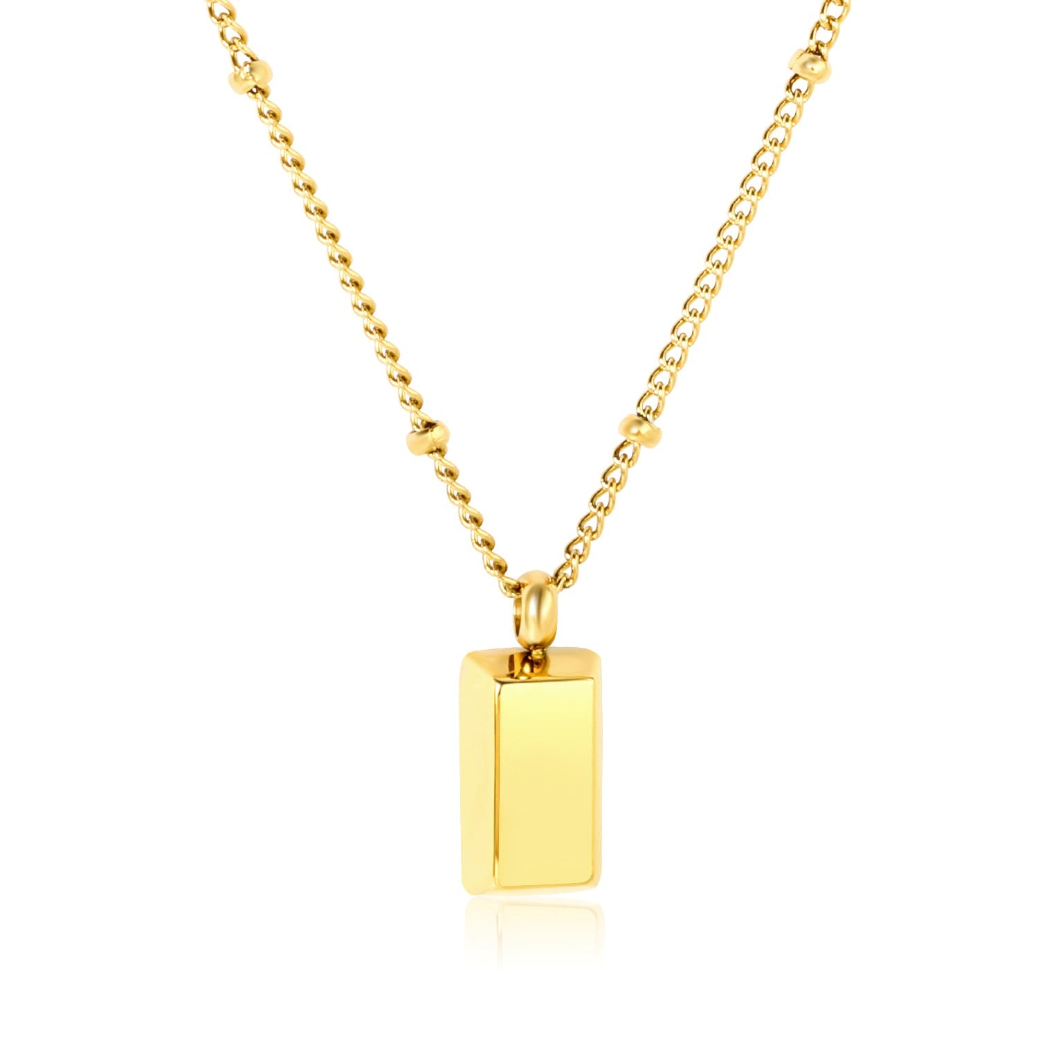 Gold Brick Pendant 0.4 Side Pearl Chain 40+5cm+6mm Round Tag Gold asonjewelry